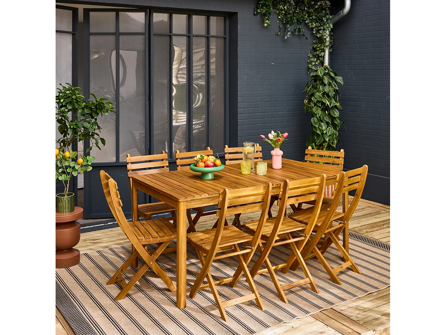 Table de jardin acacia avec coins arrondis + 8 assises naturel. 160 x 90 x 75 cm