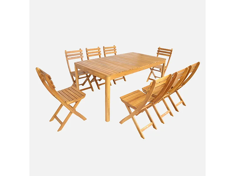 Mesa de jardín de acacia con esquinas redondeadas, 8 sillas natural
