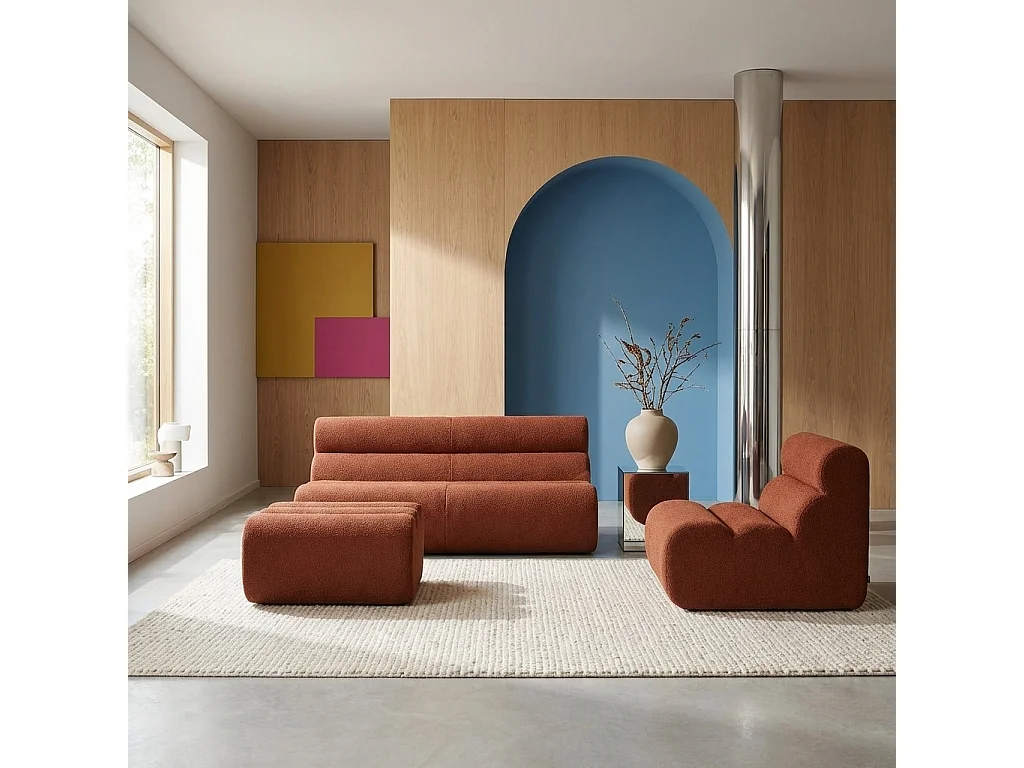 Canapé modulable bouclette texturée 3 places avec repose pied terracotta - Nova