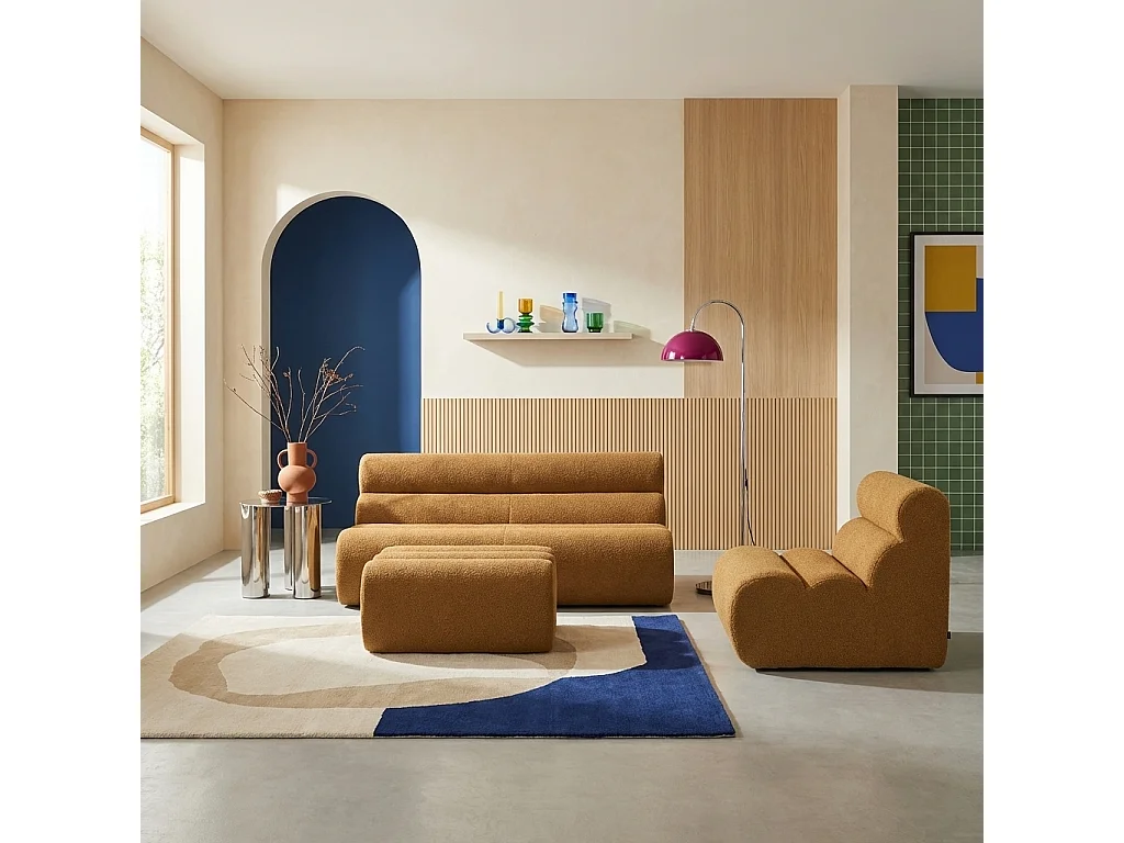 Canapé modulable bouclette texturée 3 places avec repose pied moutarde - Nova