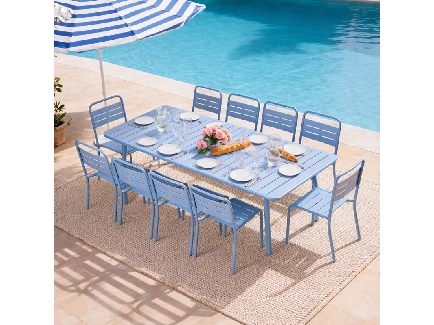 Table de jardin 10-12 places 234cm bleue BERGAME