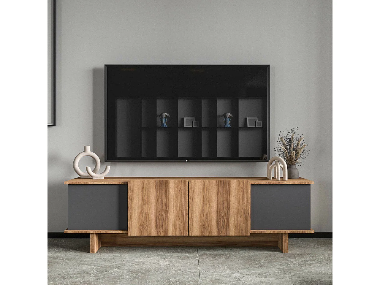 TV-meubel Diana van hout en melaminepanelen 180x33x50 cm, antraciet met 2 deuren en planken, modern design en praktische opbergruimte