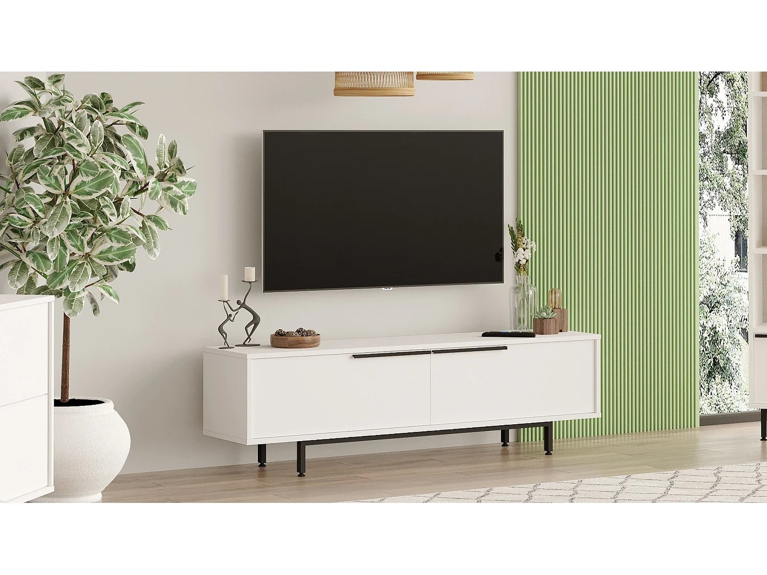 Meuble TV en bois "Calvin" - 160 x 35 x 45 cm - Blanc