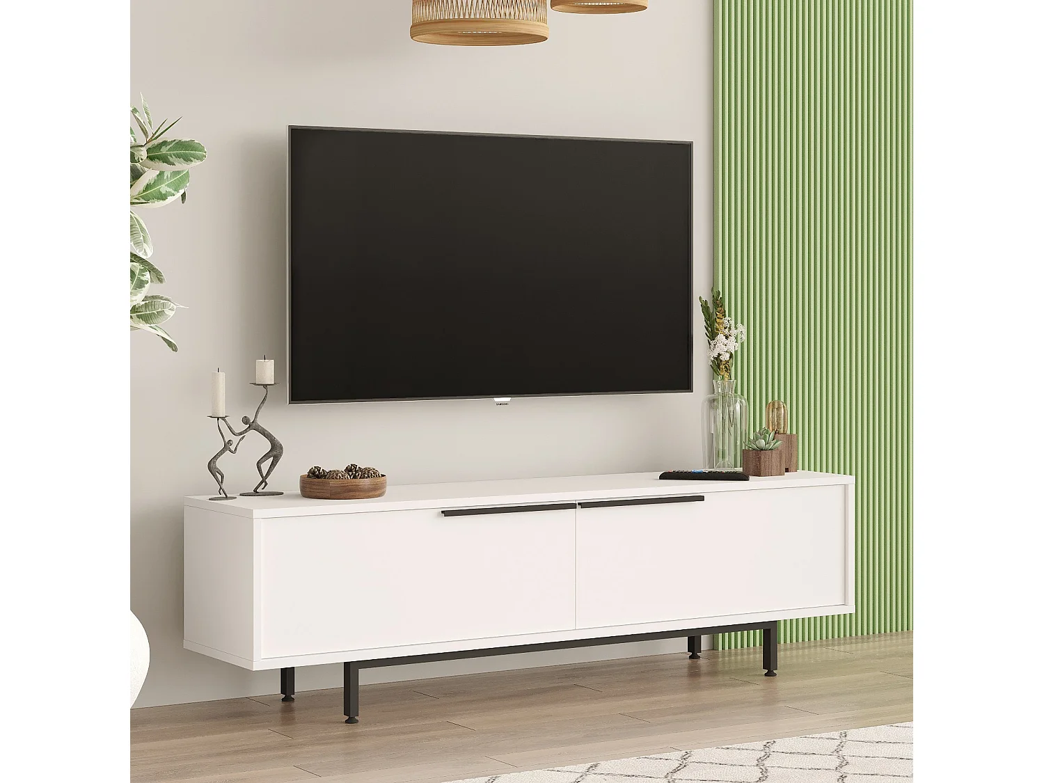 Meuble TV en bois "Calvin" - 160 x 35 x 45 cm - Blanc