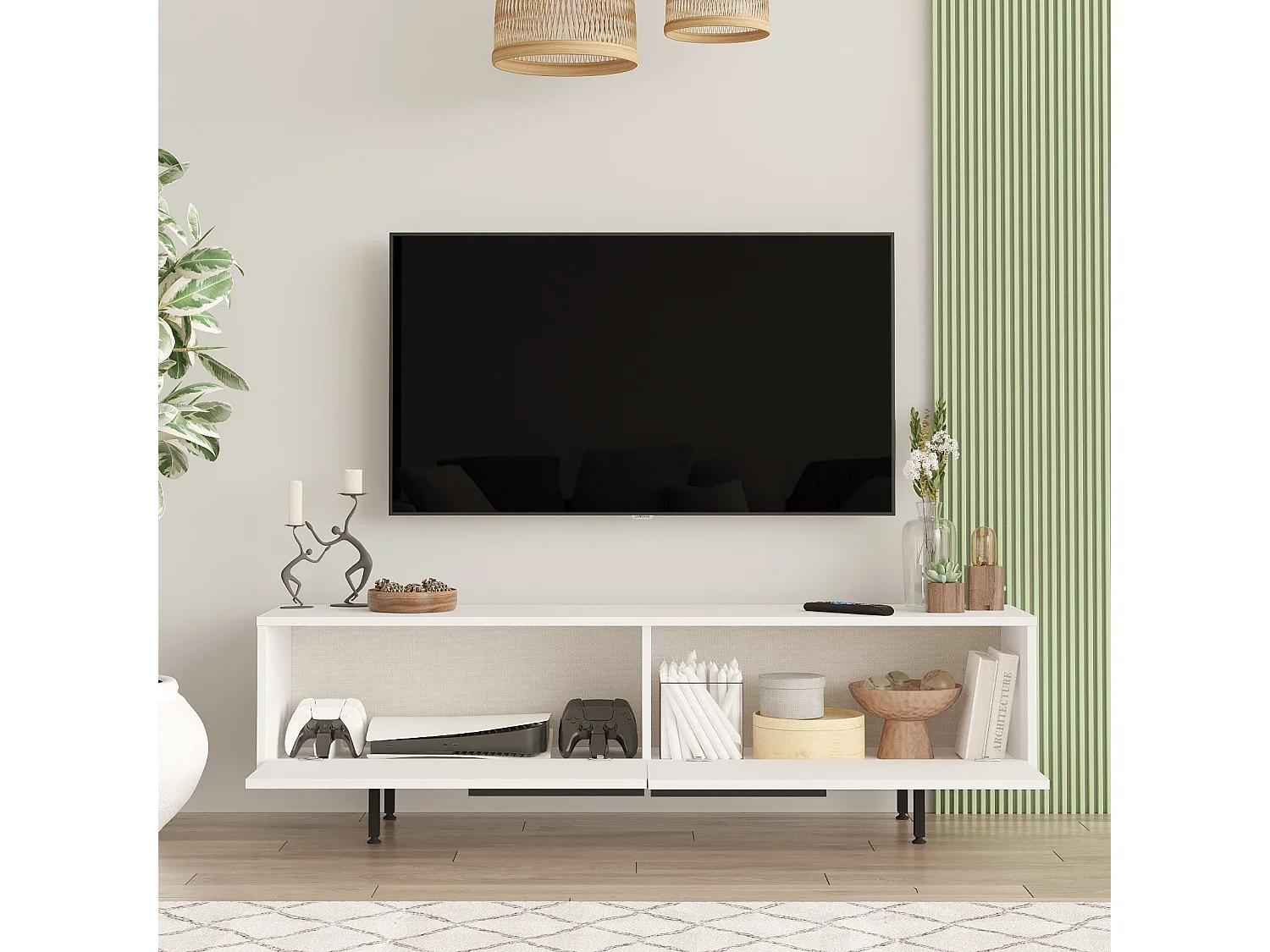 Meuble TV en bois "Calvin" - 160 x 35 x 45 cm - Blanc