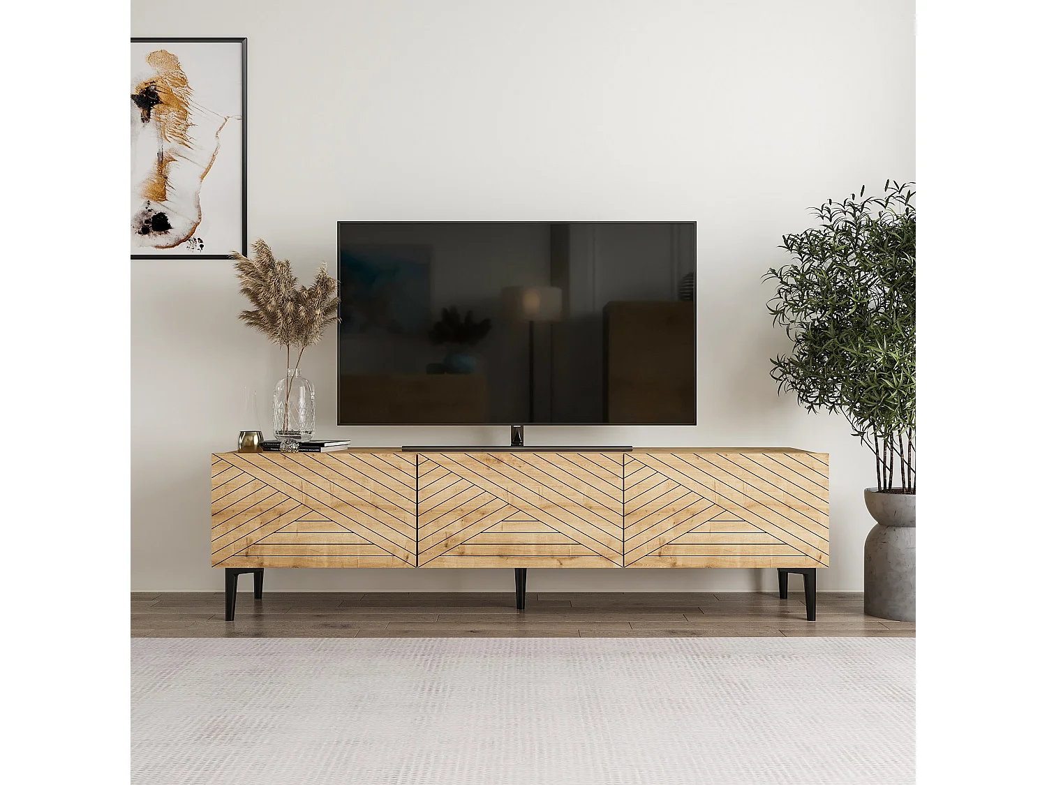 TV-meubel van saffier eikenhout "Felix" 160 cm met 3 deuren en planken, modern design en praktische opbergruimte