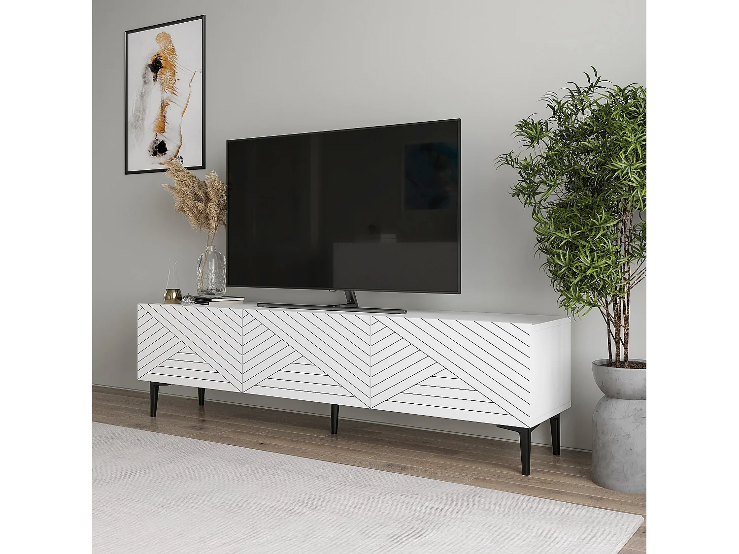 Witte houten TV-meubel "Felix" 160x31x44 cm, 3 deuren, modern design met opbergruimte