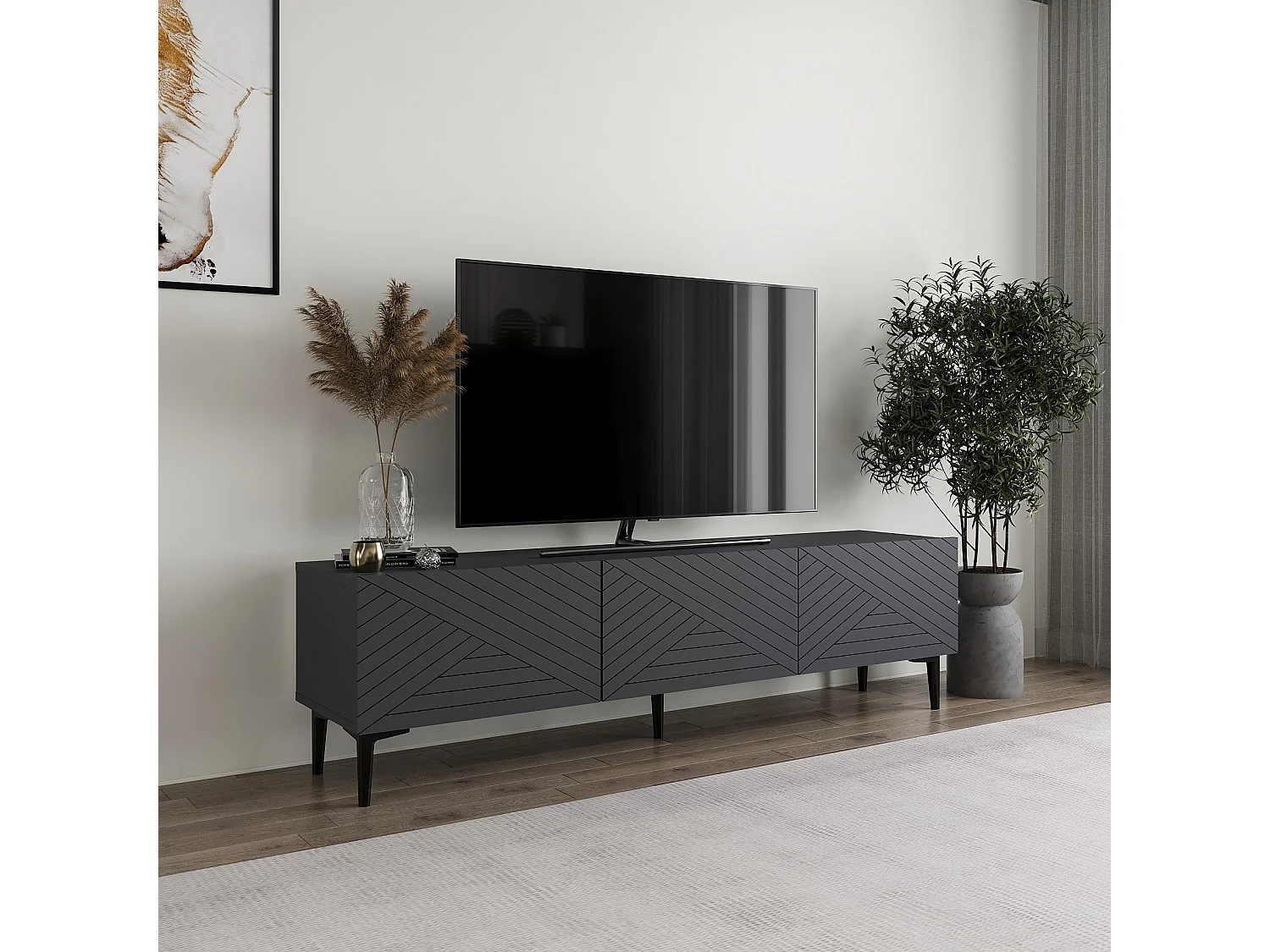 TV-meubel van hout "Felix" 160 cm Antraciet met 3 deuren en planken, modern design en praktische opbergruimte
