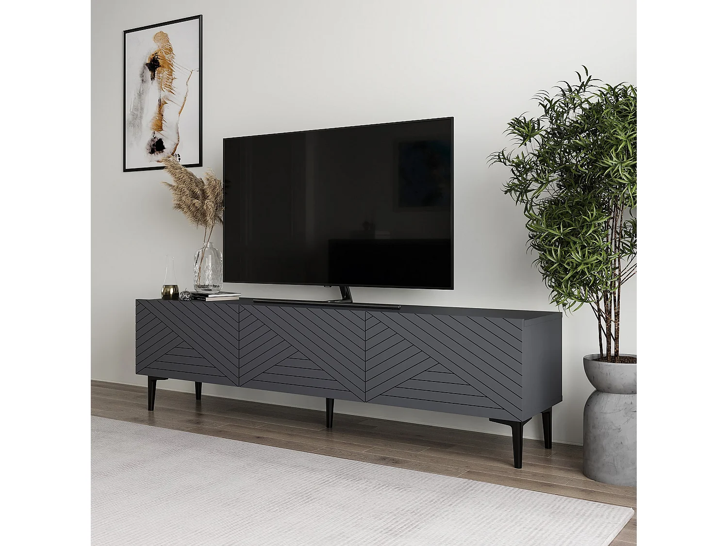 TV-meubel van hout "Felix" 160 cm Antraciet met 3 deuren en planken, modern design en praktische opbergruimte