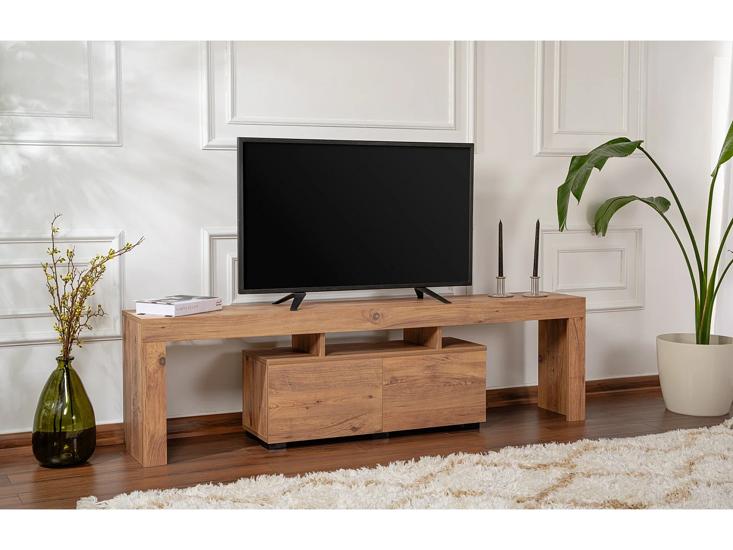 "Enclave" Trä TV-bänk - Modern Design - Brun - 180 x 31 x 50 cm - 2 Dörrar - 3 Hyllor