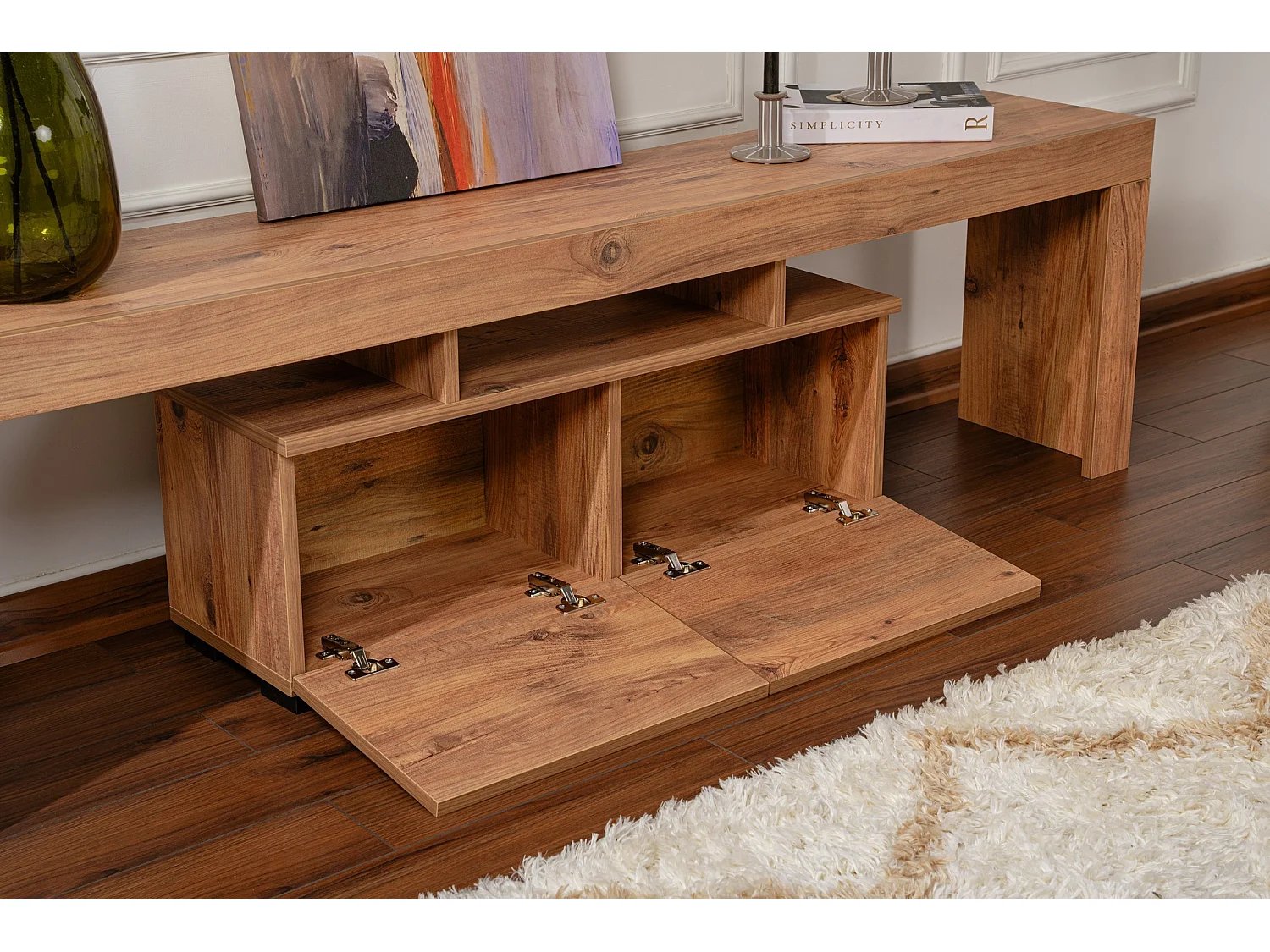 "Enclave" Trä TV-bänk - Modern Design - Brun - 180 x 31 x 50 cm - 2 Dörrar - 3 Hyllor
