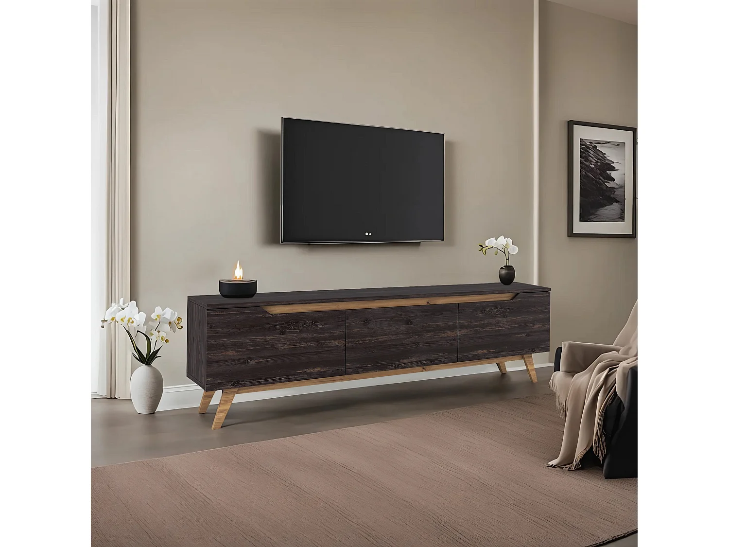 Modern TV-bänk i trä "Digi" - 180 x 35 x 48 cm - Svart