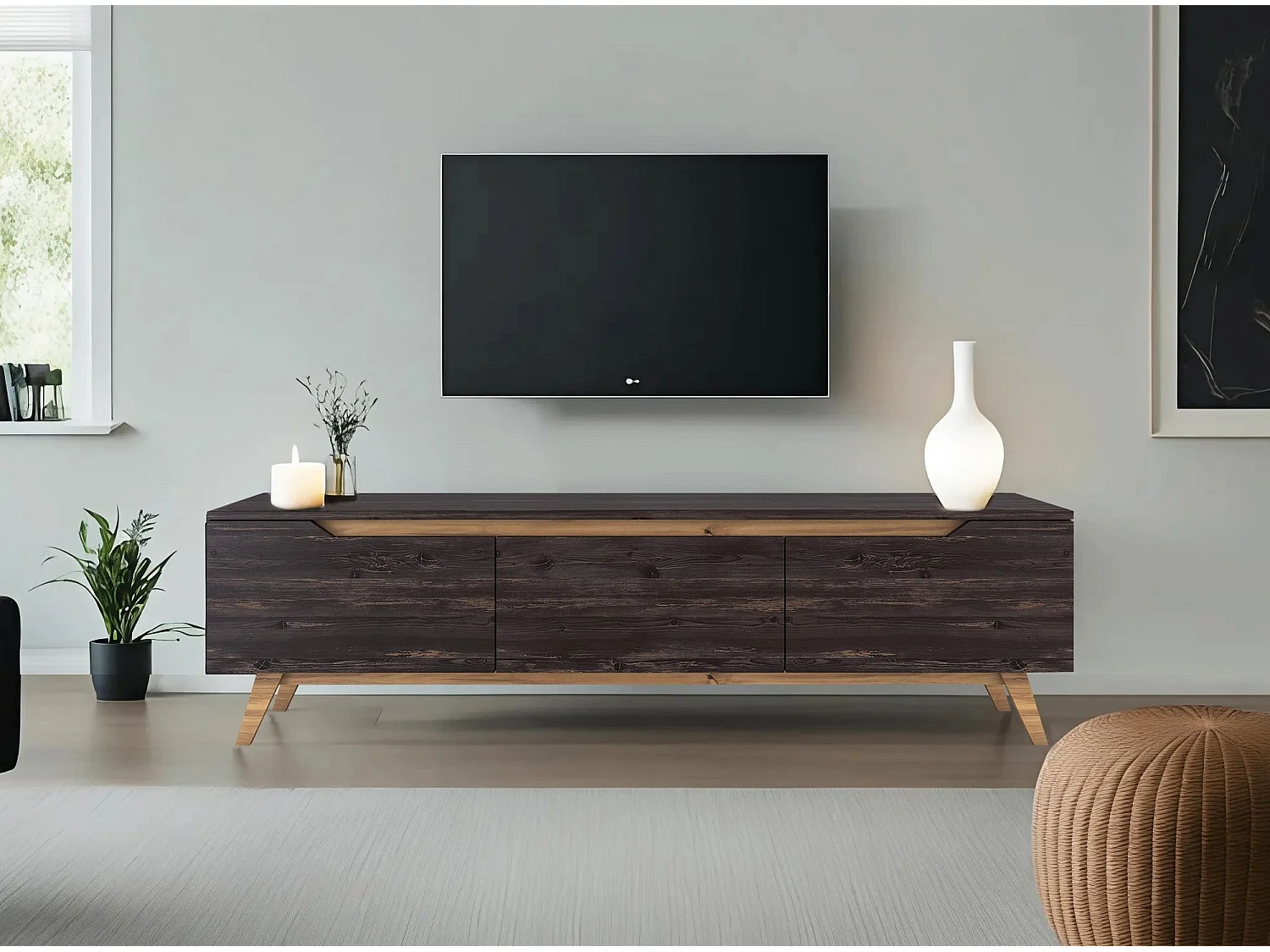 Modern TV-bänk i trä "Digi" - 180 x 35 x 48 cm - Svart