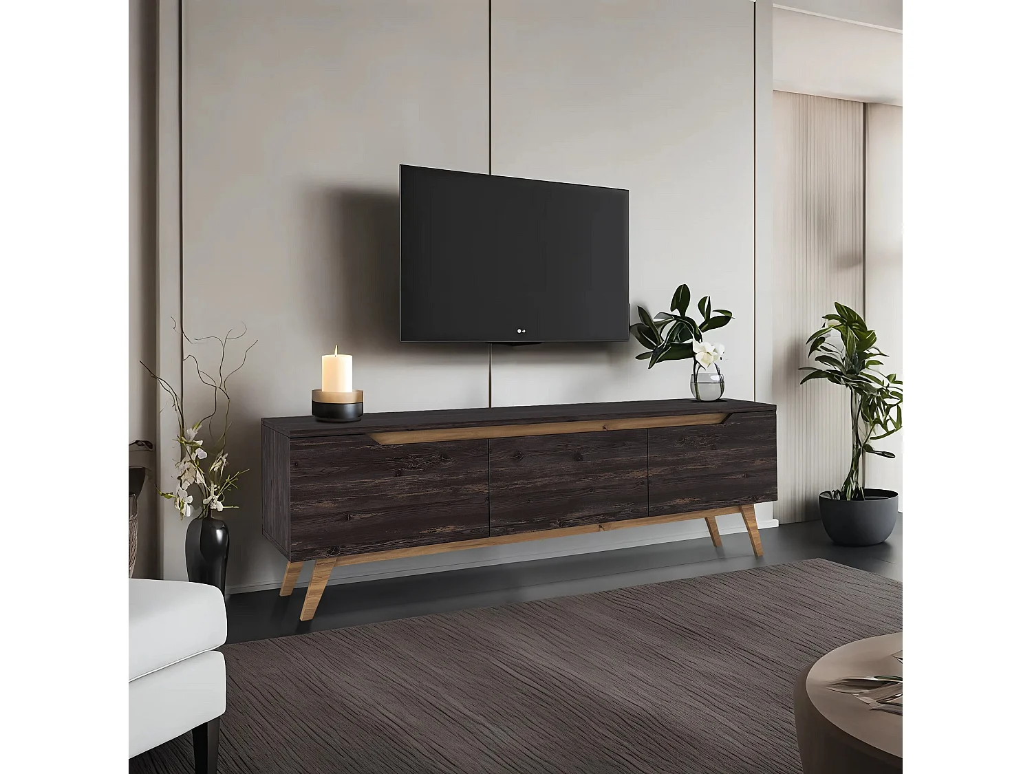 Modern TV-bänk i trä "Digi" - 180 x 35 x 48 cm - Svart