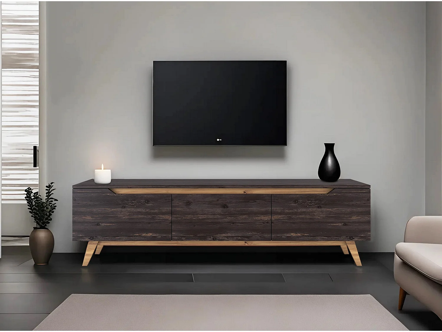 Modern TV-bänk i trä "Digi" - 180 x 35 x 48 cm - Svart
