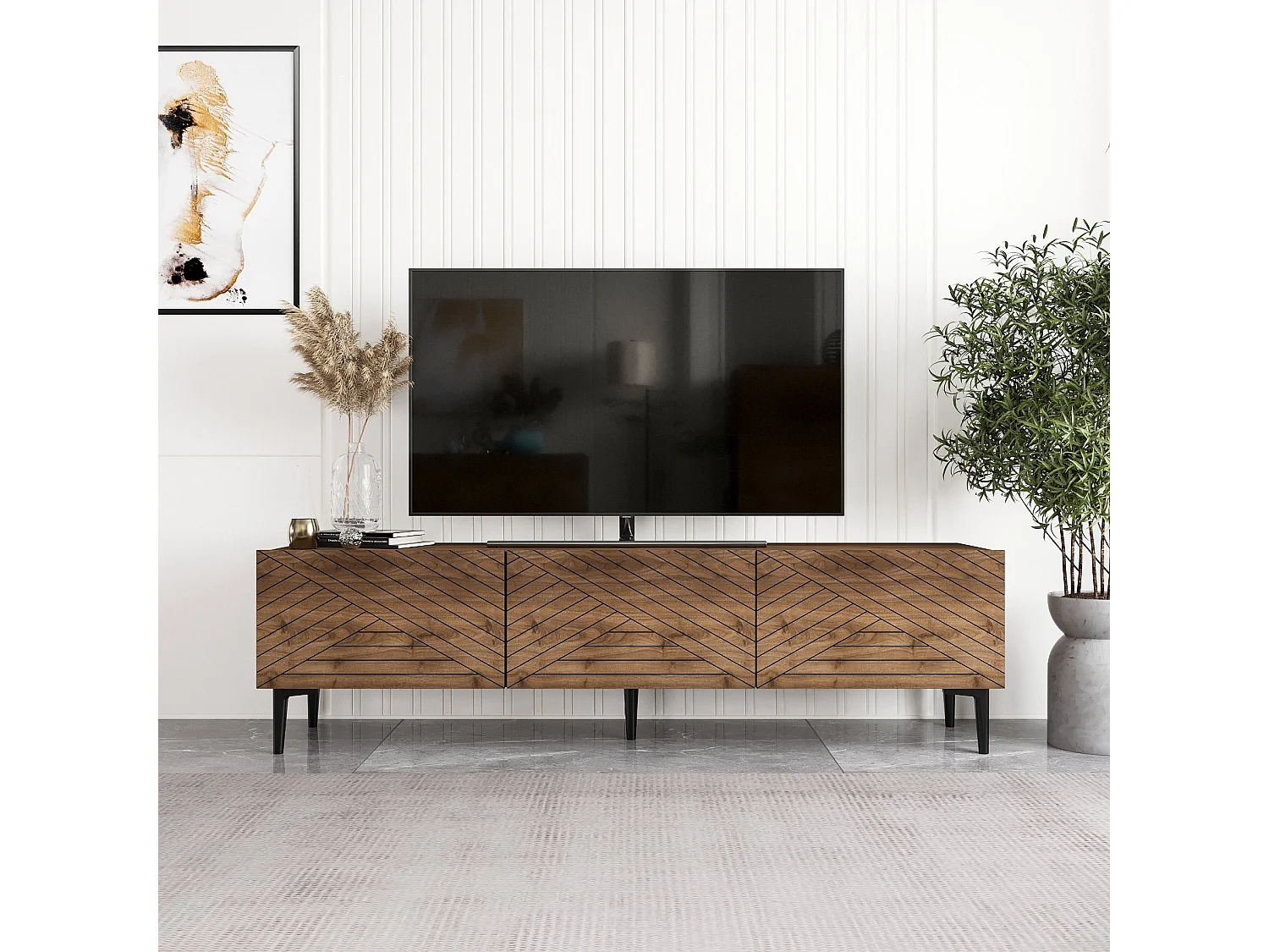 Bruin houten TV-meubel "Felix" 160x31x44 cm, 3 deuren, poten 15 cm, modern design en praktische opbergruimte