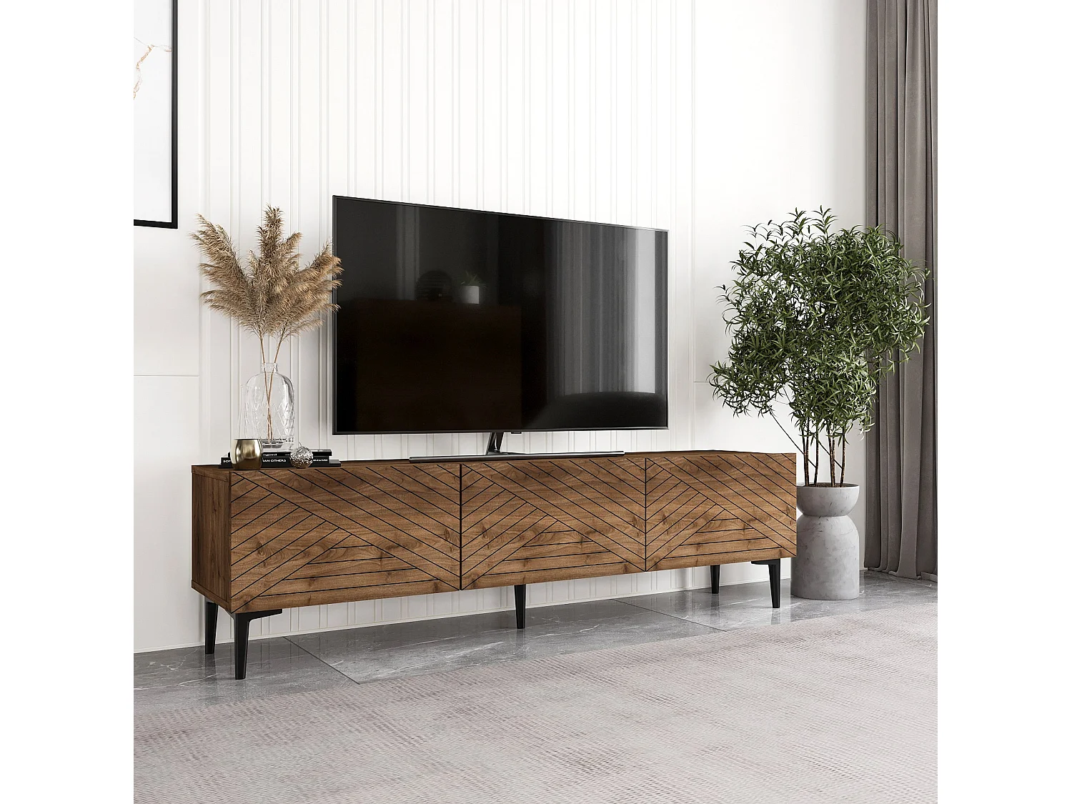 Bruin houten TV-meubel "Felix" 160x31x44 cm, 3 deuren, poten 15 cm, modern design en praktische opbergruimte