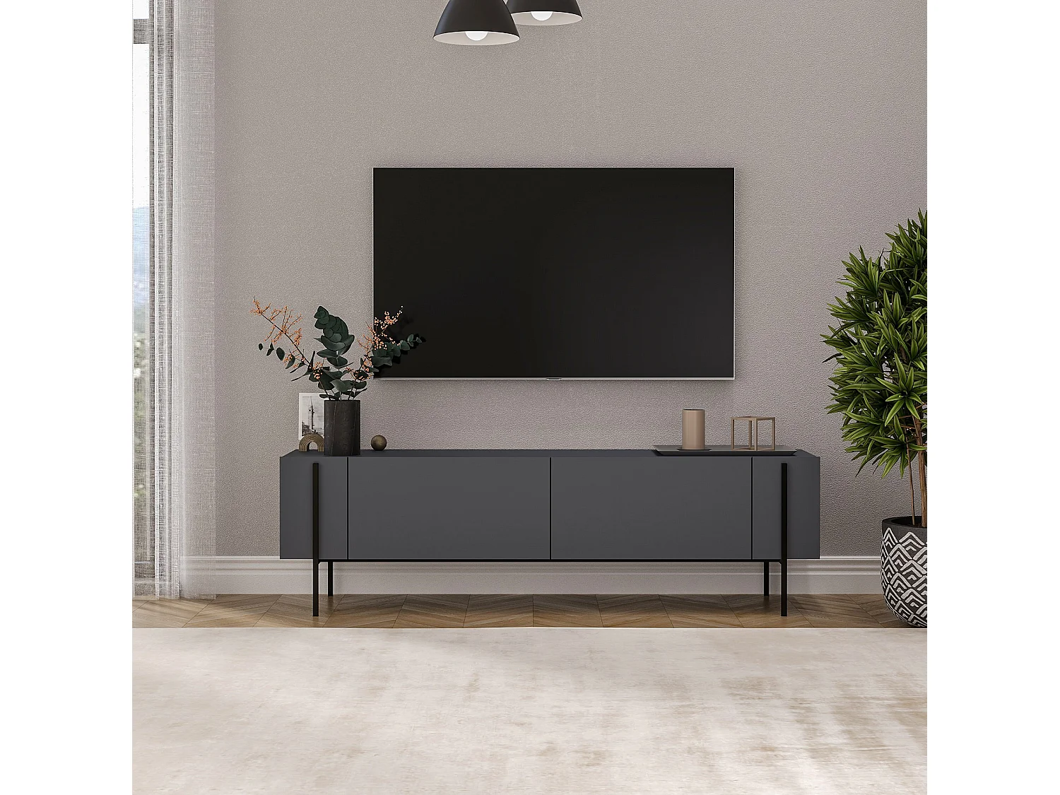 Modern TV-bänk i trä "Herman" - 160 x 31 x 45 cm - Antracitgrå