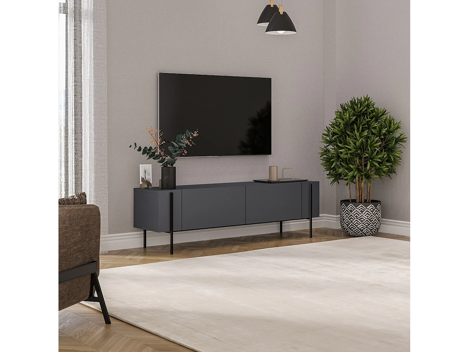Modern TV-bänk i trä "Herman" - 160 x 31 x 45 cm - Antracitgrå