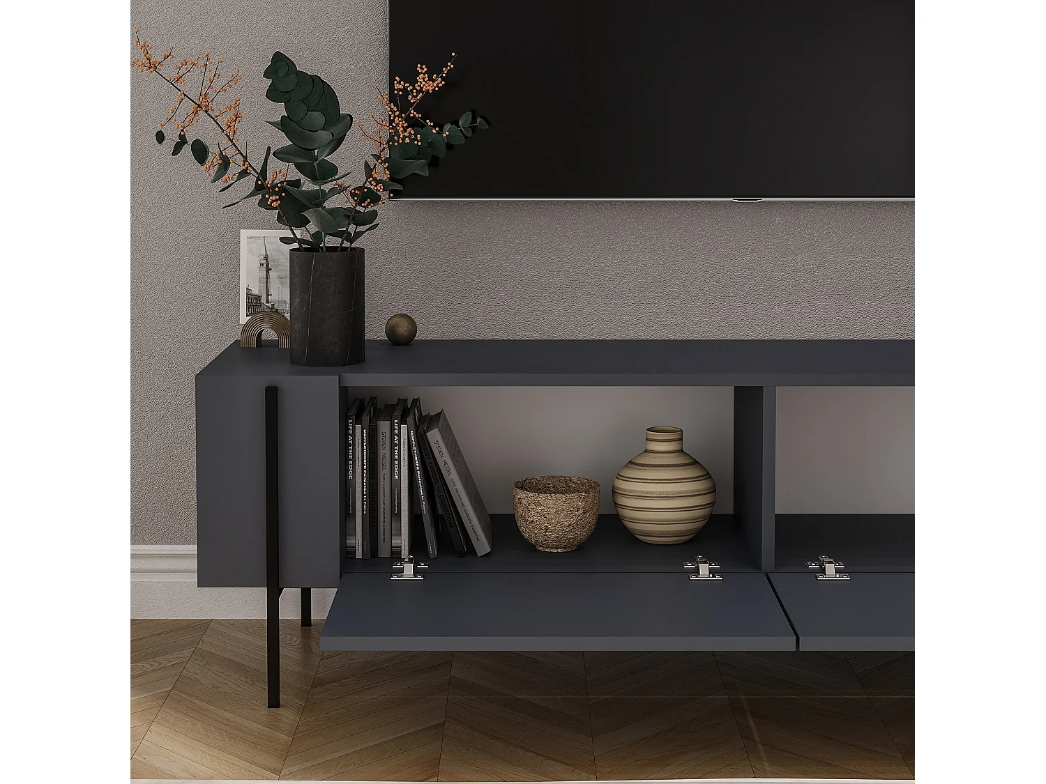 Modern TV-bänk i trä "Herman" - 160 x 31 x 45 cm - Antracitgrå