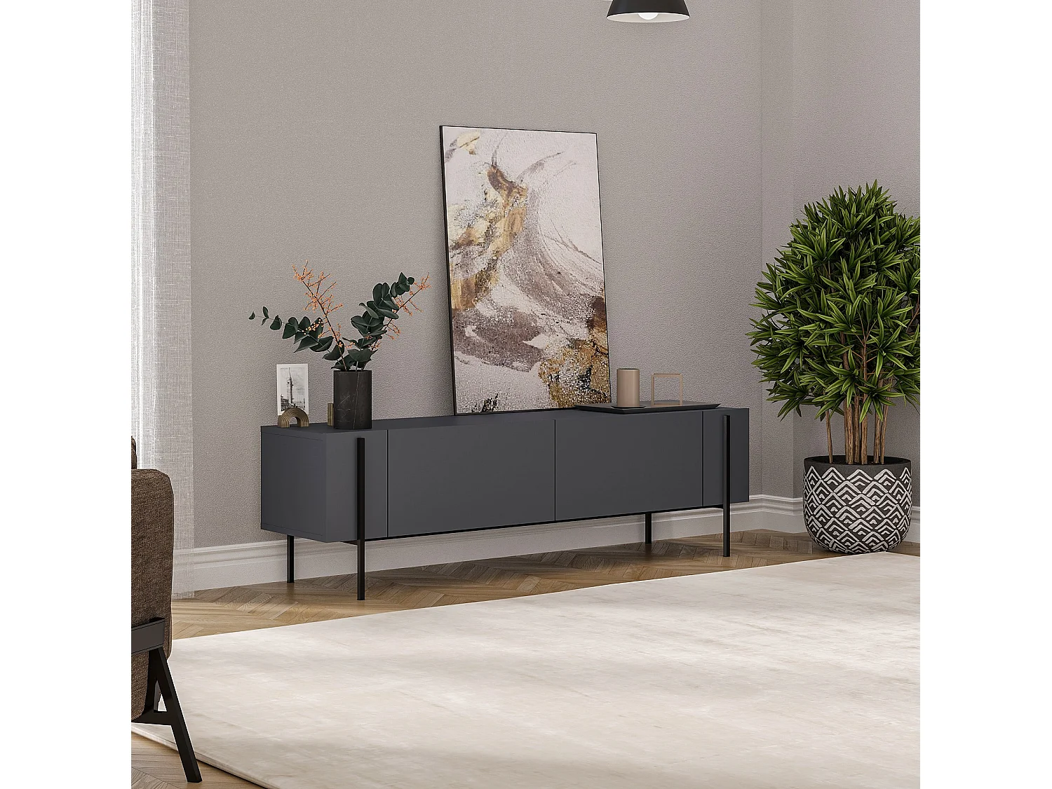 Modern TV-bänk i trä "Herman" - 160 x 31 x 45 cm - Antracitgrå