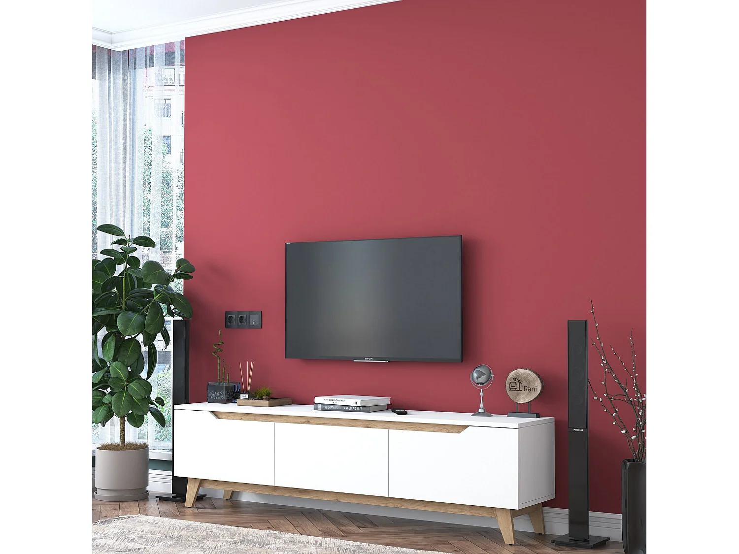 Modern TV-bänk i trä "Digi" - 180 x 35 x 48 cm - Vit och Beige