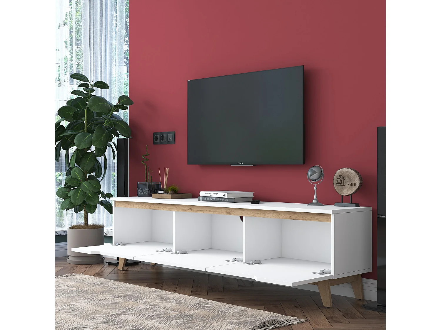 Modern TV-bänk i trä "Digi" - 180 x 35 x 48 cm - Vit och Beige