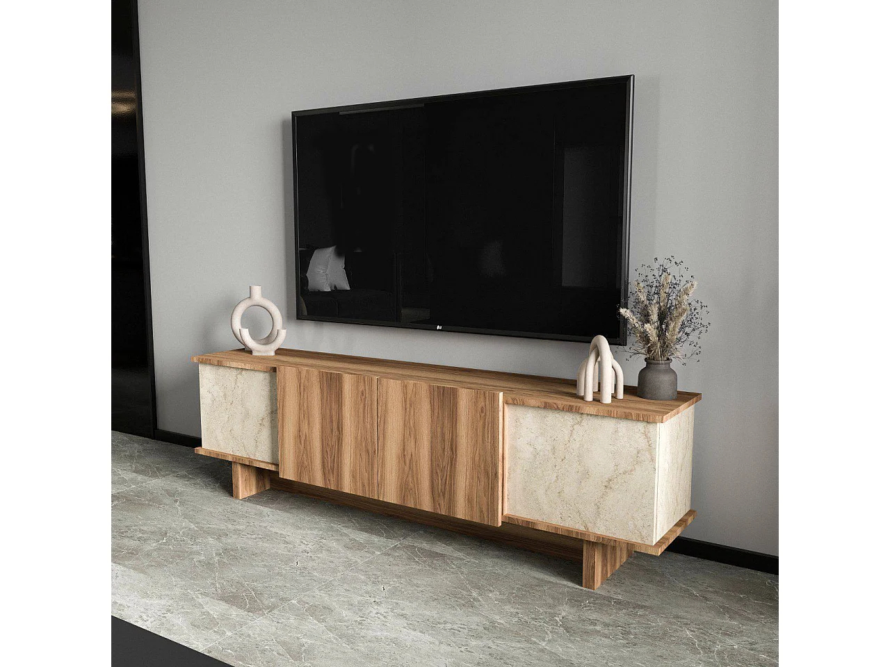 TV-meubel Diana 180 cm van travertijnhout met 2 deuren, 2 planken, modern design en praktische opbergruimte