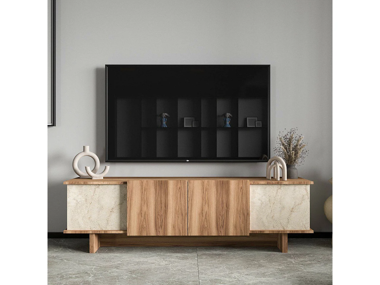 TV-meubel Diana 180 cm van travertijnhout met 2 deuren, 2 planken, modern design en praktische opbergruimte