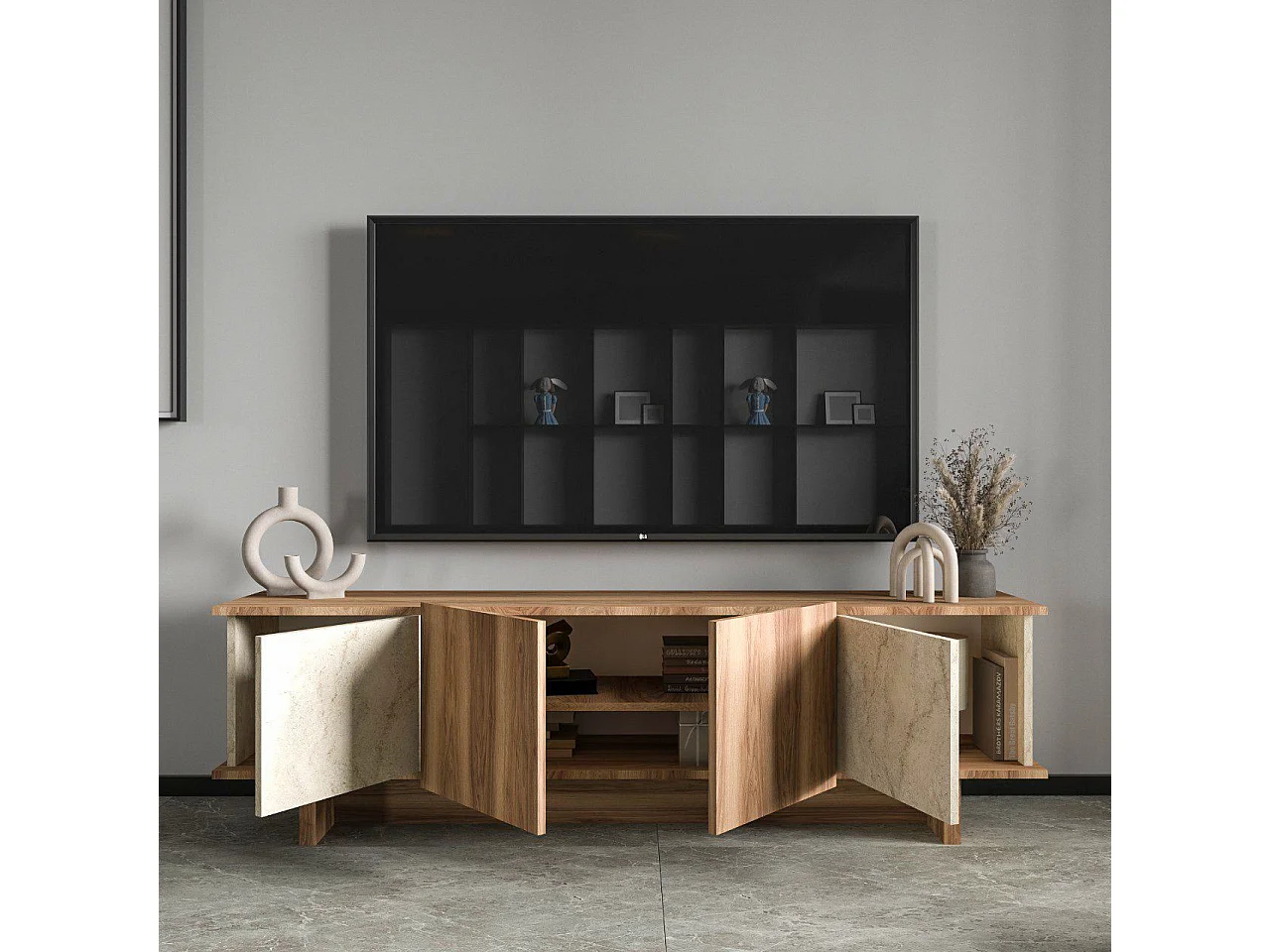 TV-meubel Diana 180 cm van travertijnhout met 2 deuren, 2 planken, modern design en praktische opbergruimte