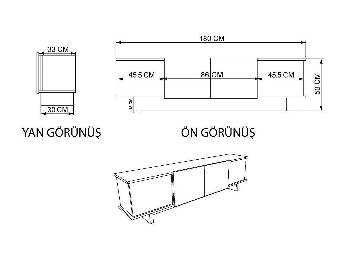 TV-meubel Diana 180 cm van travertijnhout met 2 deuren, 2 planken, modern design en praktische opbergruimte