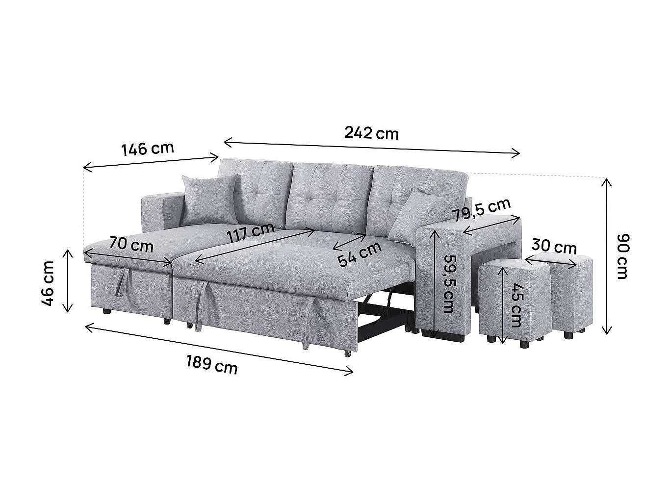 Canapé d'angle convertible en tissu "Noah" - 4 places - Gris clair