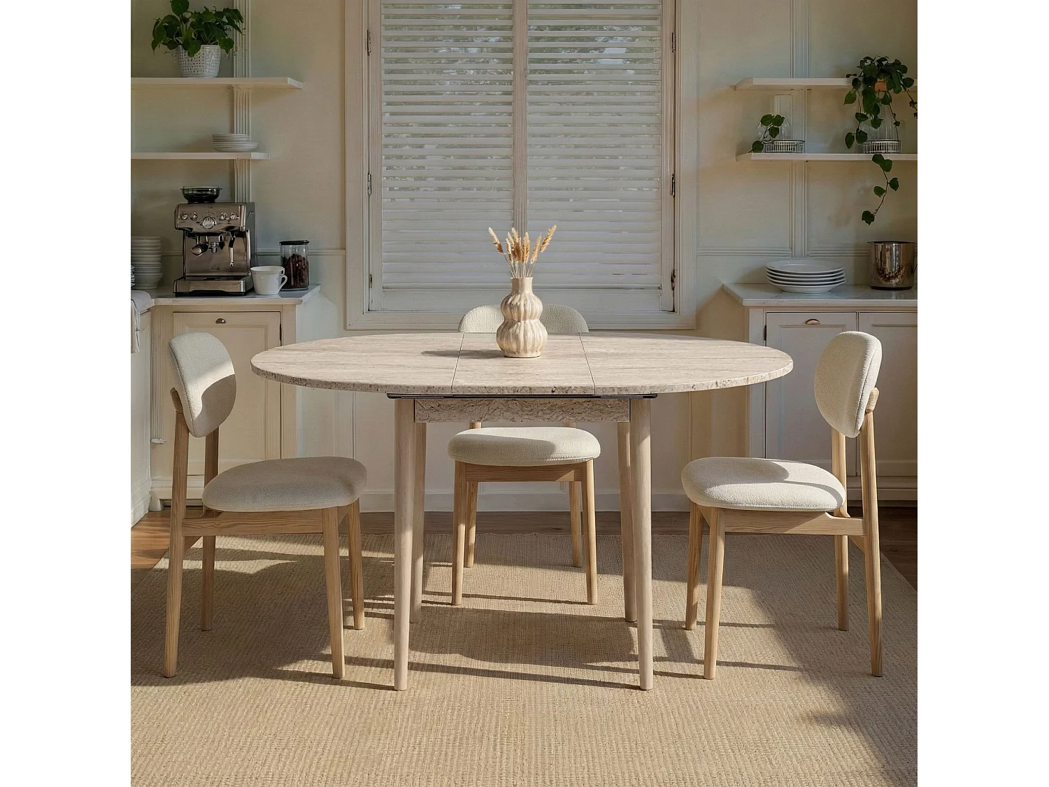 Uitschuifbare houten eettafel "Viona" 100 x 100 x 75 cm - Travertijn Afwerking, Geschikt voor 4-8 personen, Rond/Rechthoekig