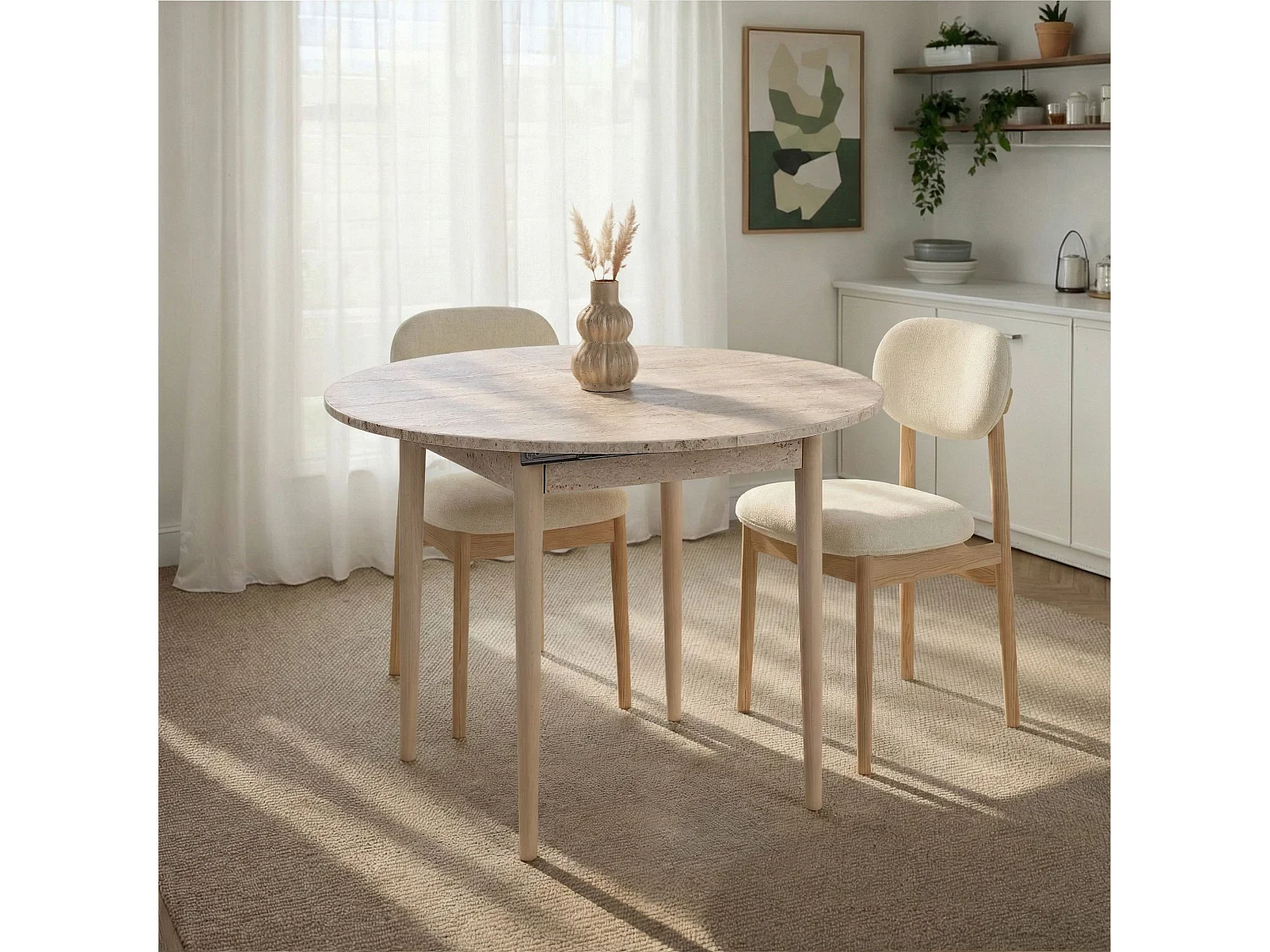 Uitschuifbare houten eettafel "Viona" 100 x 100 x 75 cm - Travertijn Afwerking, Geschikt voor 4-8 personen, Rond/Rechthoekig