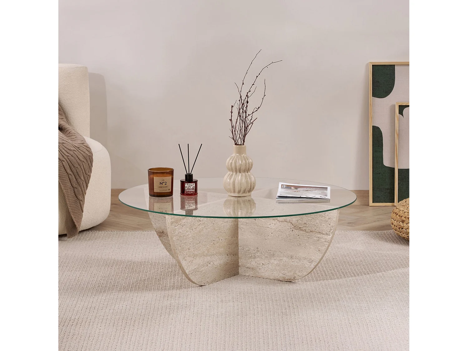 Salontafel Liya" glas 90 x 90 x 30 cm - Travertin