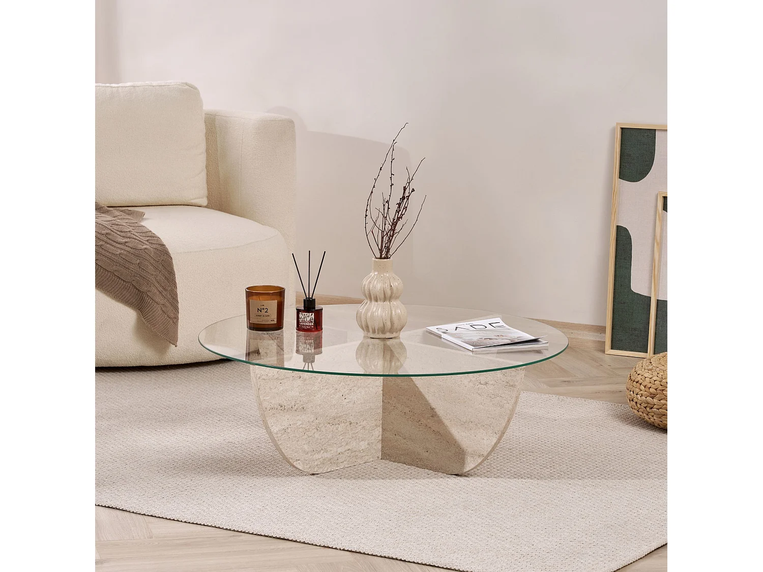 Salontafel Liya" glas 90 x 90 x 30 cm - Travertin