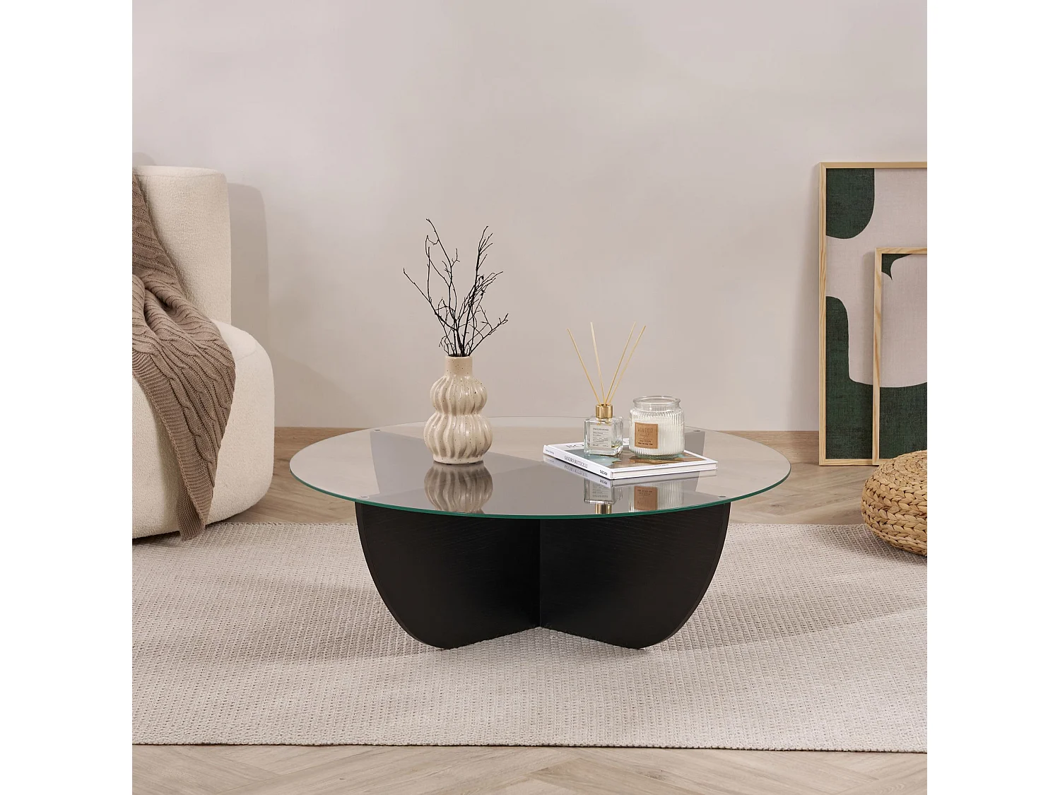 Table basse en verre "Liya" 90 x 90 x 30 cm - Bois Noir