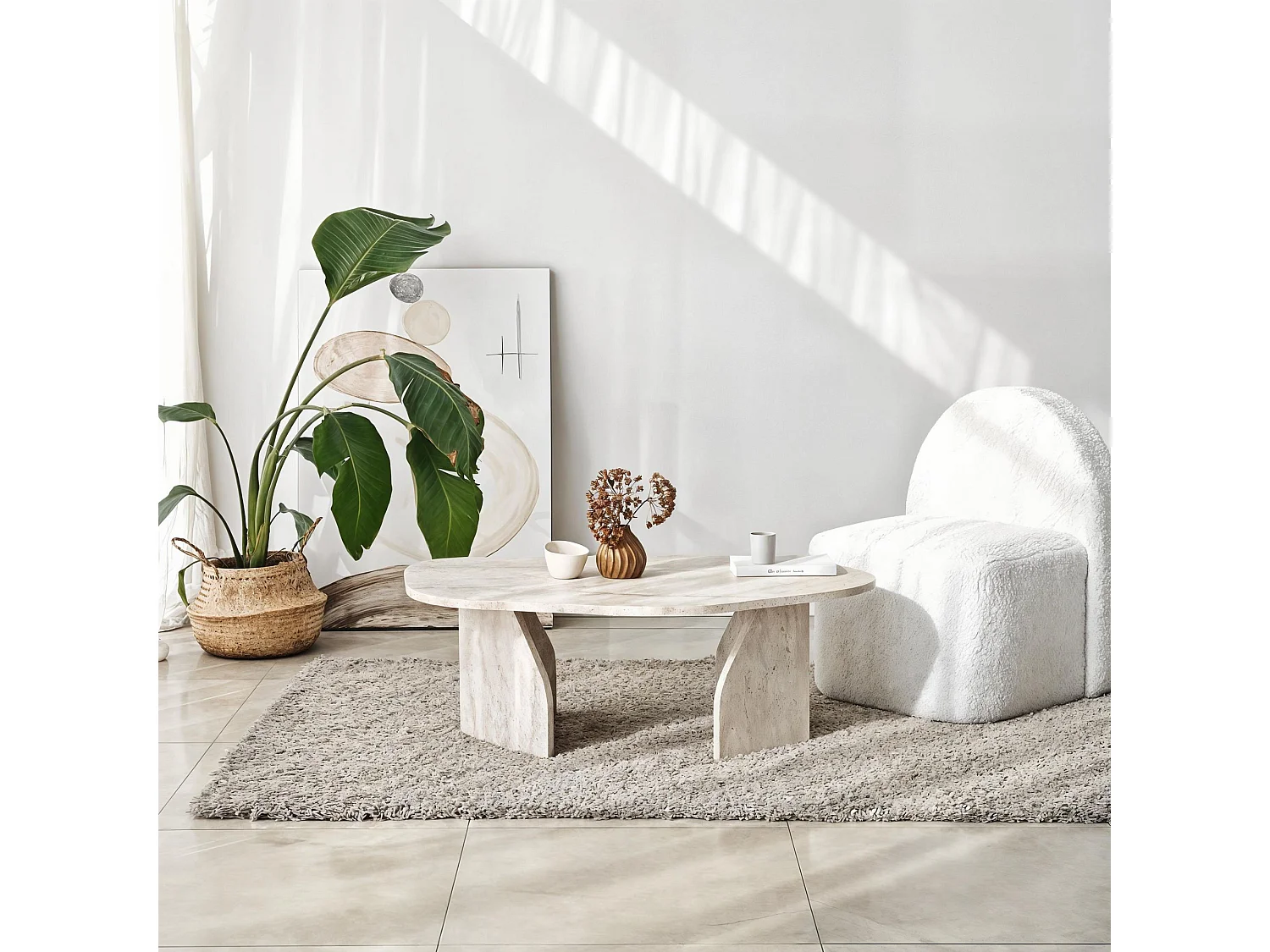 Table basse en bois "Rock" 100 x 60 x 35 cm - Travertin