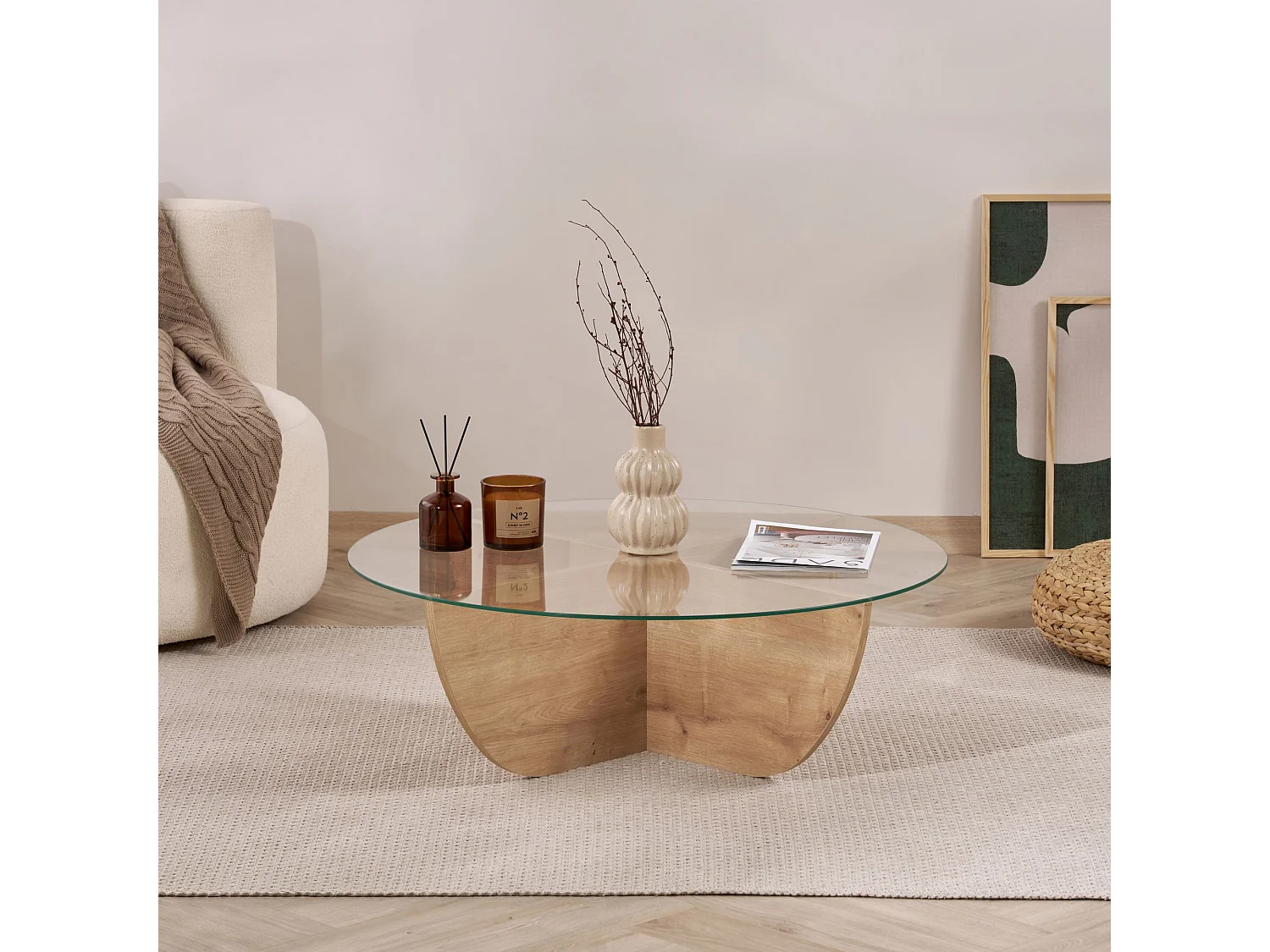 Salontafel Liya" glas 90 x 90 x 30 cm - Saffier eik