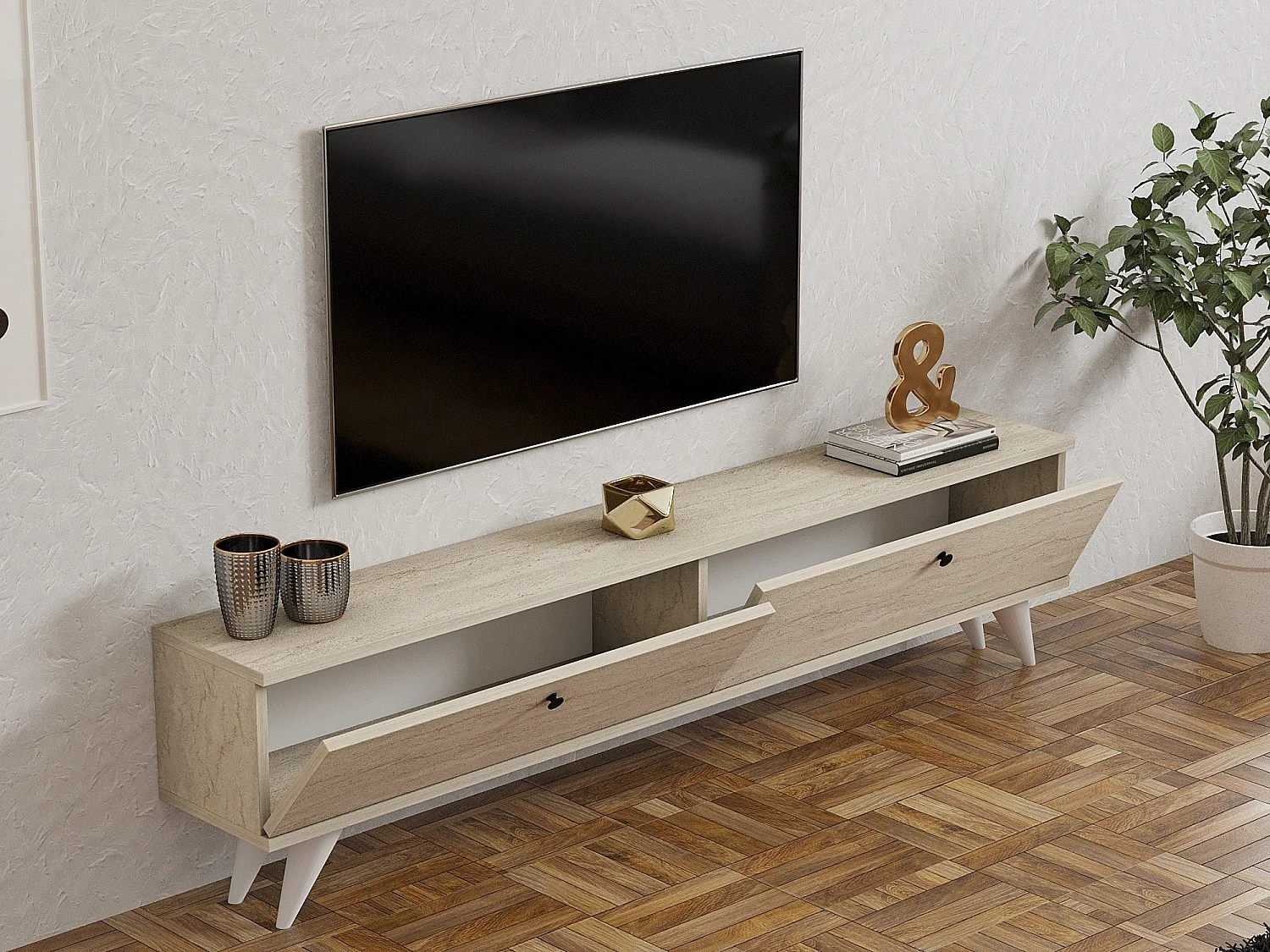 "Parlak" Houten TV-meubel - Modern Design - Beige - 160 x 25 x 40 cm