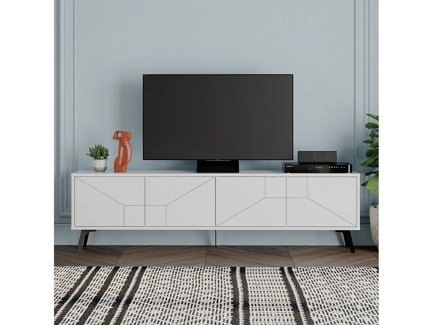 Meuble TV en bois blanc "Dune" 180 cm avec 4 portes, design moderne et rangement pratique