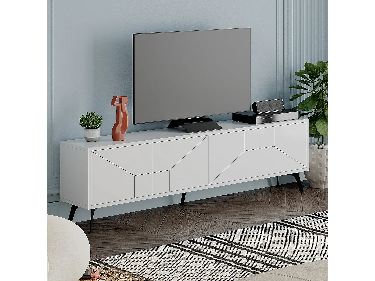 Meuble TV en bois blanc "Dune" 180 cm avec 4 portes, design moderne et rangement pratique