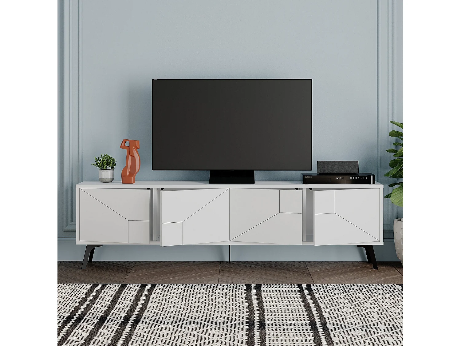 Meuble TV en bois blanc "Dune" 180 cm avec 4 portes, design moderne et rangement pratique