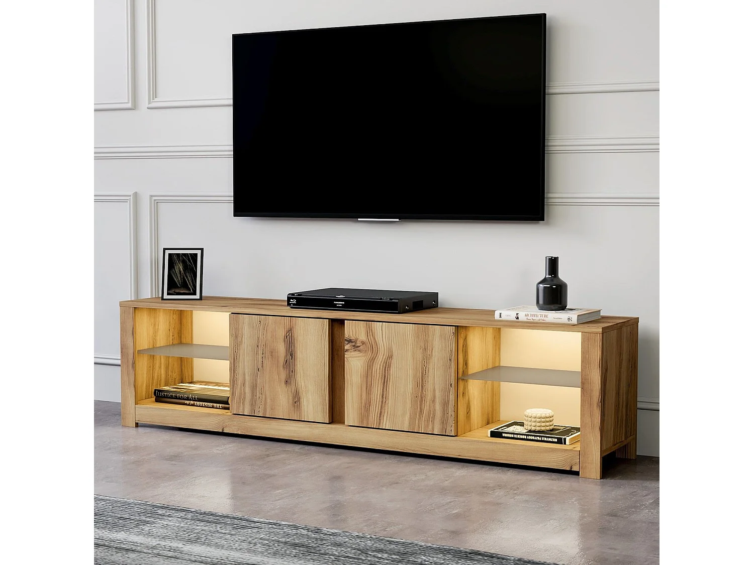 Elegant Ek TV-bänk "Aydos" 180 x 35 x 45 cm - Brun, 2 Dörrar, 8 Hyllor