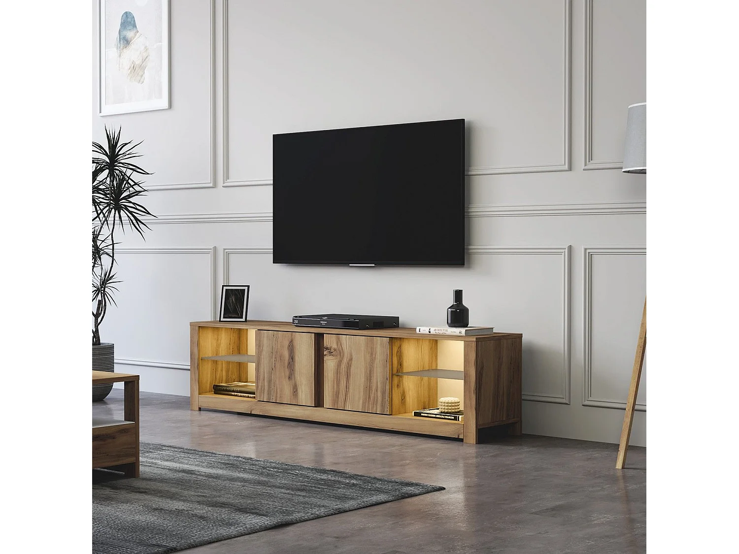 Elegant Ek TV-bänk "Aydos" 180 x 35 x 45 cm - Brun, 2 Dörrar, 8 Hyllor