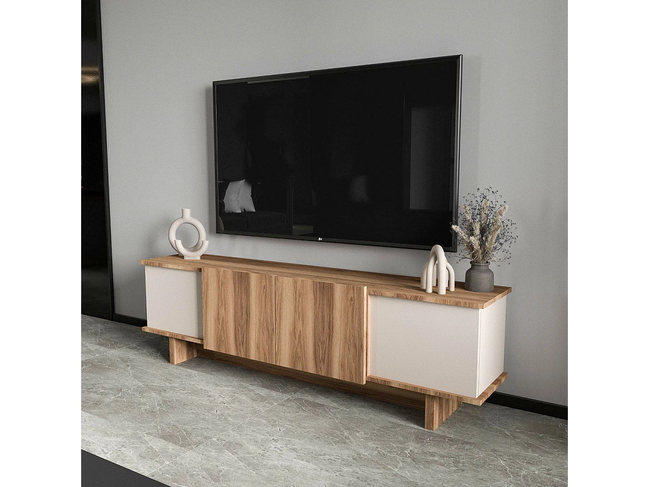 Beige houten TV-meubel "Diana" 180x33x50 cm met 2 deuren en planken, modern design en praktische opbergruimte