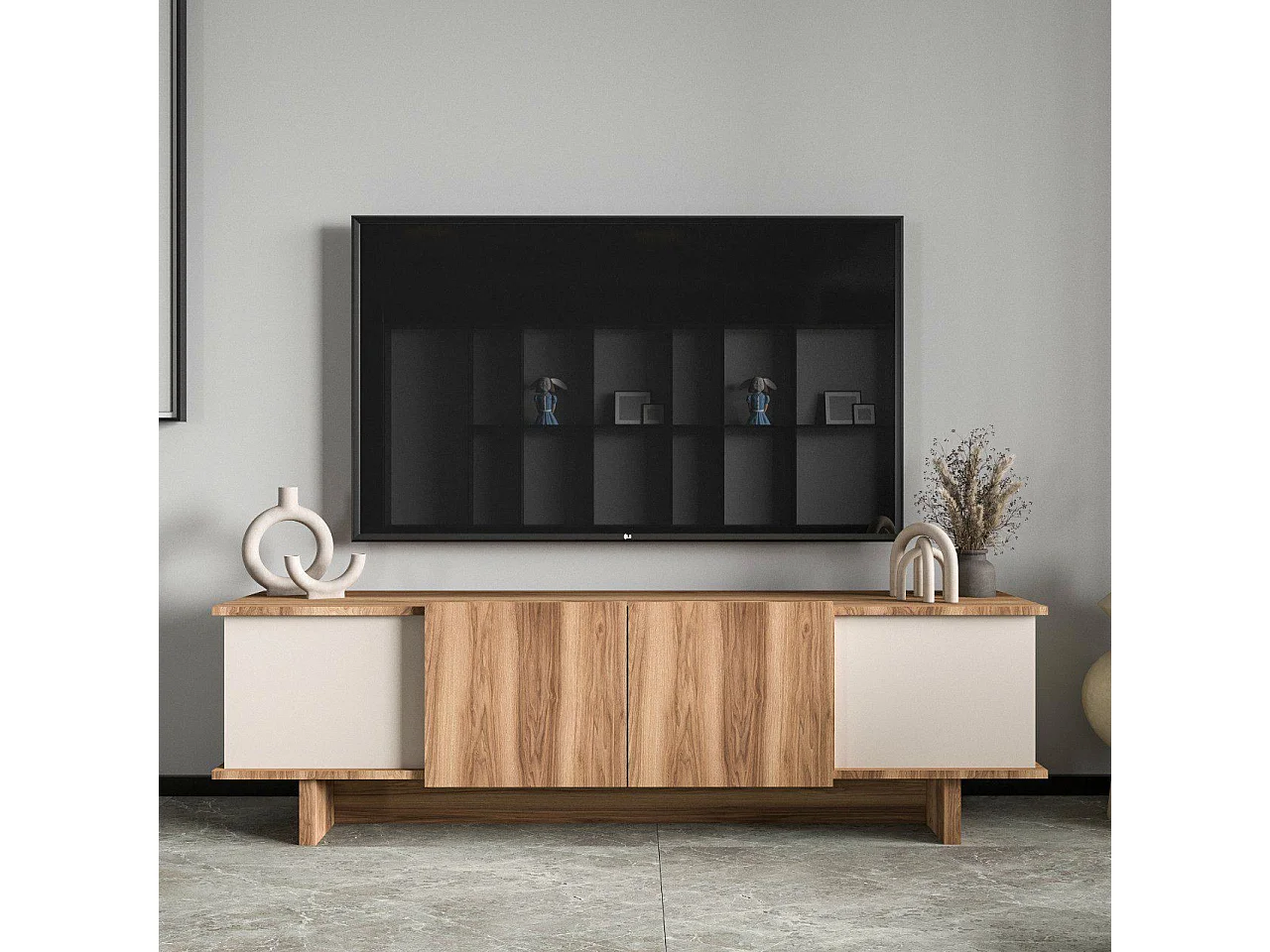 Beige houten TV-meubel "Diana" 180x33x50 cm met 2 deuren en planken, modern design en praktische opbergruimte