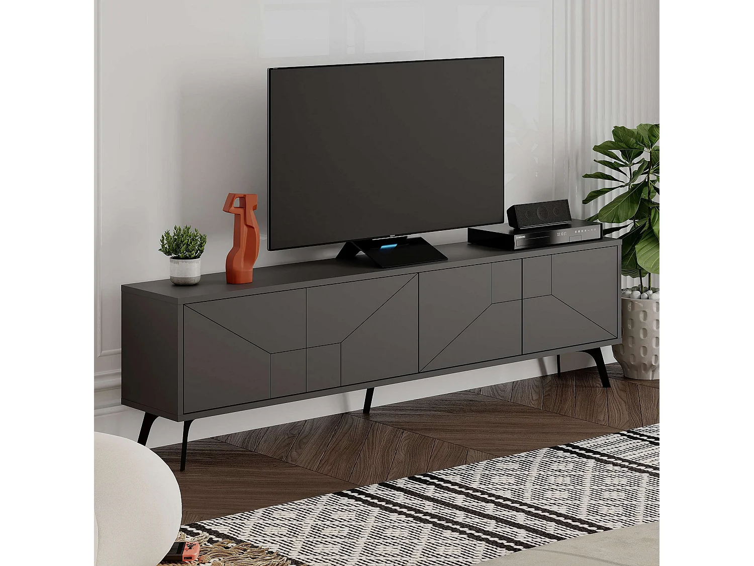 Meuble TV bois "Dune" gris anthracite 180x29x50 cm, 4 portes, design moderne avec rangement