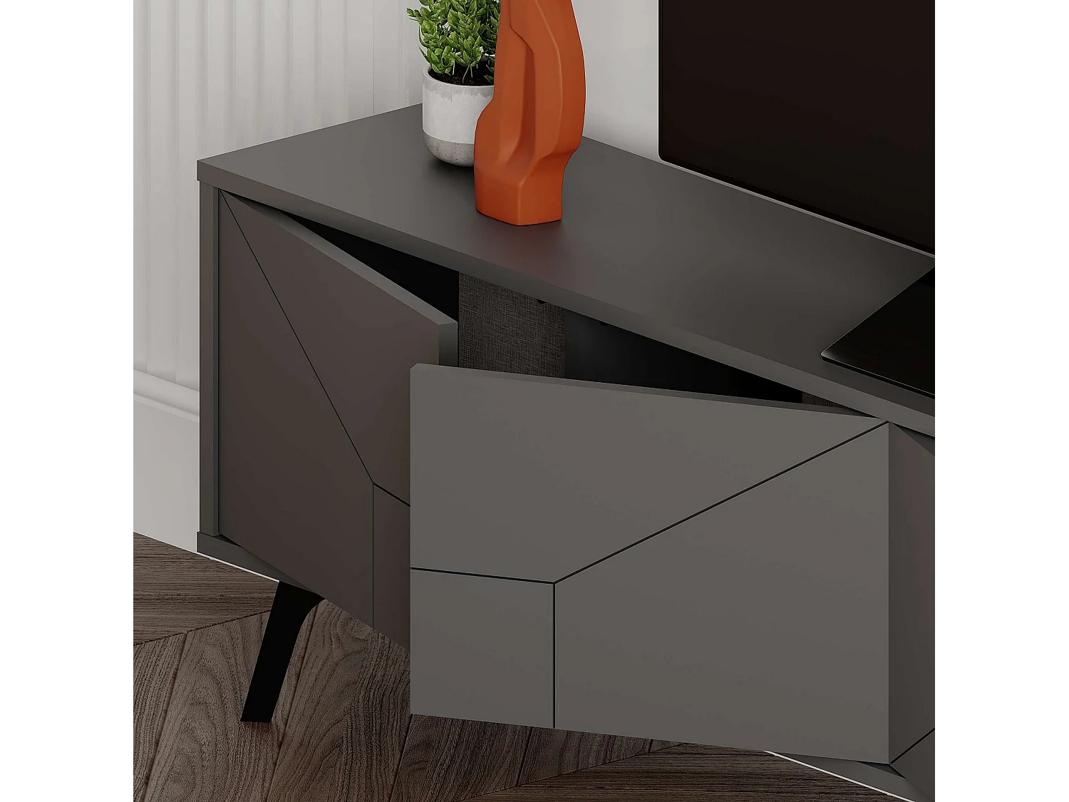 Meuble TV bois "Dune" gris anthracite 180x29x50 cm, 4 portes, design moderne avec rangement