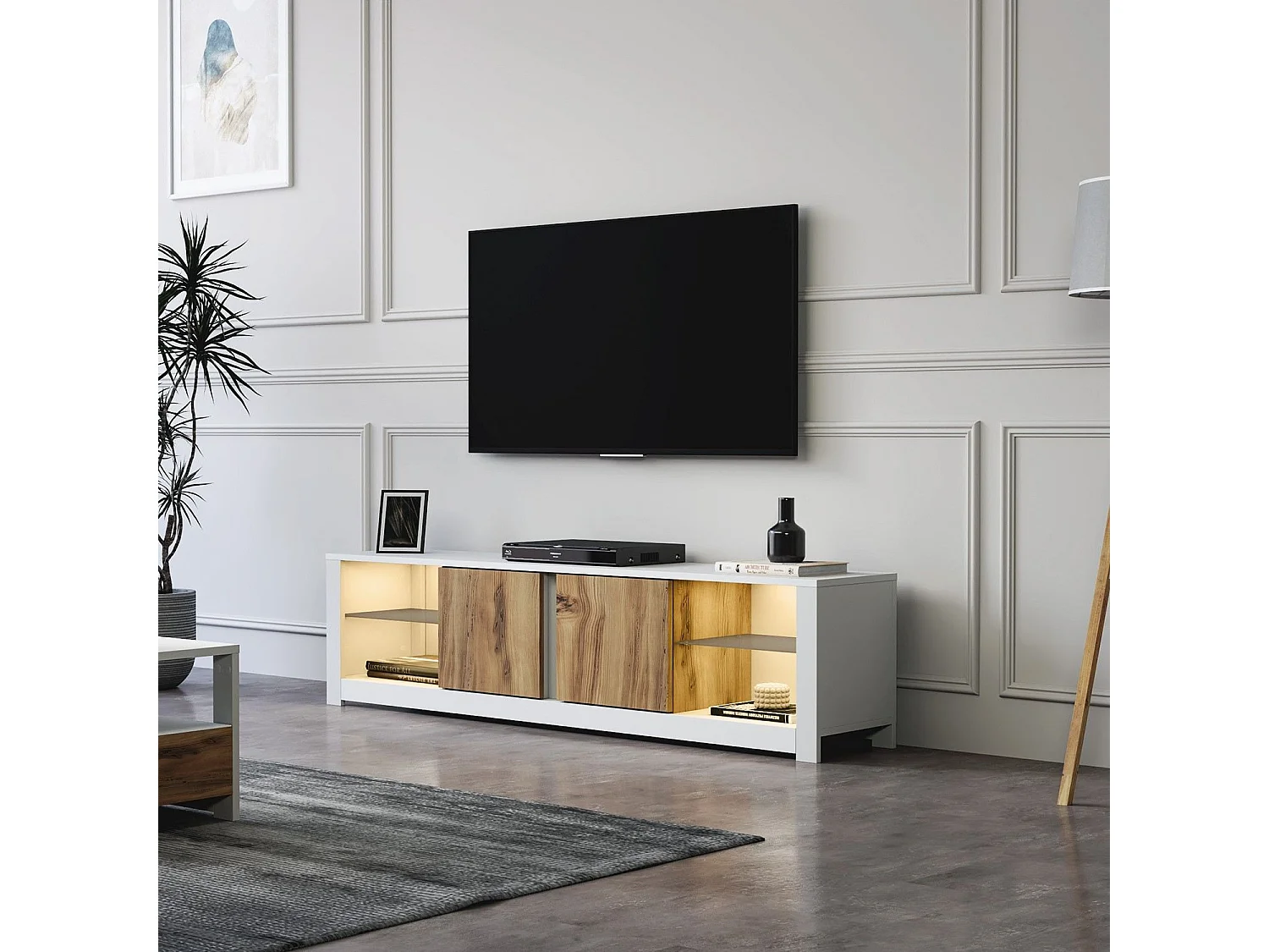 Modern Vit TV-bänk "Aydos" 180 x 35 x 45 cm - Elegant Design med Flera Hyllor